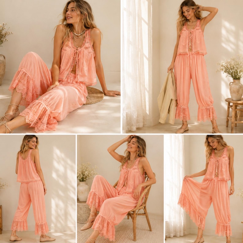 May include: A peach-coloured pajama set. The camisole top has lace trim and drawstring detail, paired with wide-leg pants with a ruffled lace hem. The set is made of a lightweight fabric. The outfit is suitable for relaxing at home.