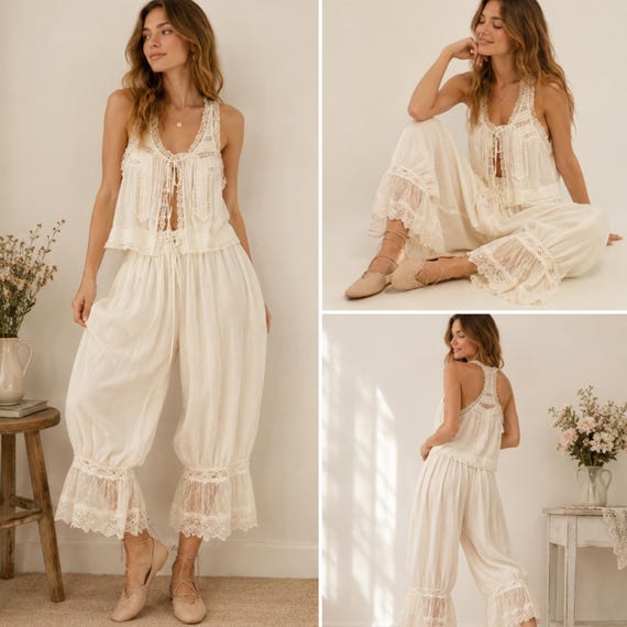 Women Summer Suits, Lace Pants Set, Cottagecore Two Piece Outfit - Gift For Her