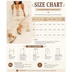 May include: Size chart showing garment measurements in inches. Includes bust, waist, hip, and pant length measurements for sizes S, M, and L. The chart also provides instructions on how to measure each area and notes about the waist's elasticity.