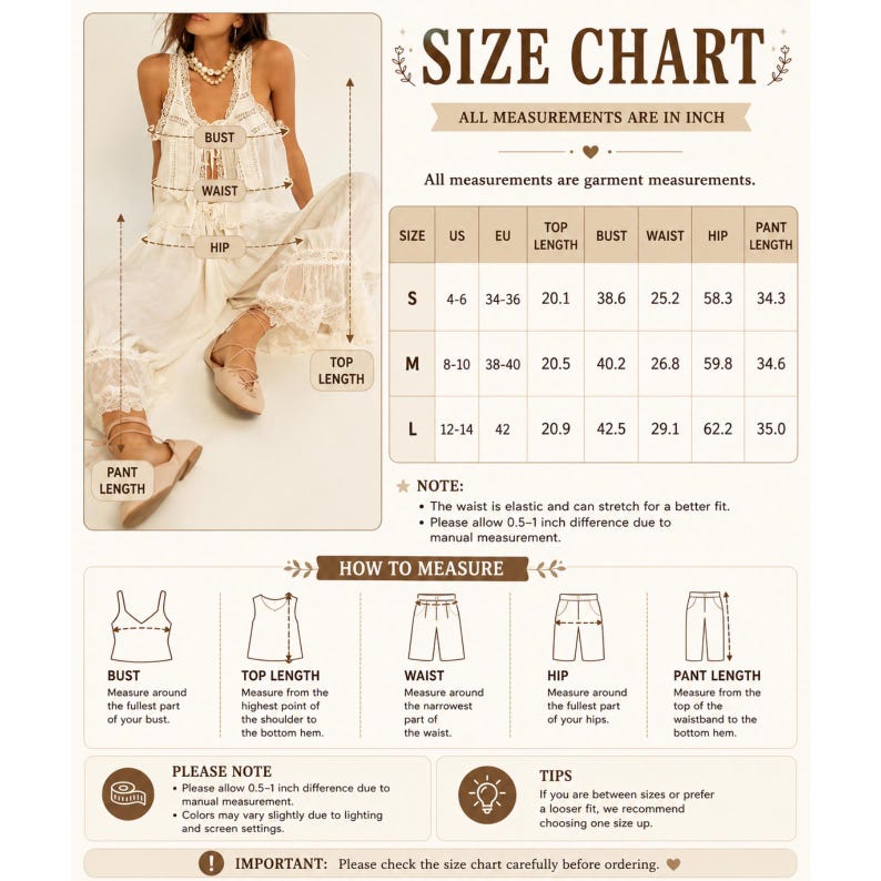 May include: Size chart showing garment measurements in inches. Includes bust, waist, hip, and pant length measurements for sizes S, M, and L. The chart also provides instructions on how to measure each area and notes about the waist's elasticity.