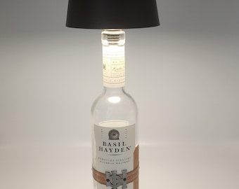 Upcycled Basil Hayden Bottle Lamp • Wireless 375ml Whiskey Bottle Light with Black LED Shade