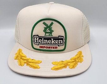 Vintage Heineken Hat • 1980s White Trucker Snapback with Gold Scrambled Eggs Brim