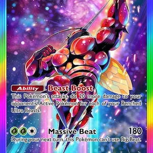 Pode incluir: Uma carta colecionável Buzzwole ex apresentando uma criatura musculosa semelhante a um inseto com armadura vermelha e preta, asas translúcidas e um símbolo verde de tipo planta. A carta exibe 240 HP e o texto do ataque Massive Beat.