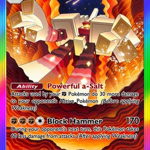 May include: A holographic trading card featuring the character Garganacl ex with 280 HP. The artwork depicts a blocky, stone-like creature in a fiery, cavernous landscape under a starry sky. Text includes Ability Powerful a-Salt and Block Hammer 170.