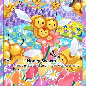 Puede incluir: Una carta coleccionable de Combee que muestra varias criaturas amarillas con forma de panal y alas volando sobre un campo de flores coloridas. La carta muestra el texto Combee, HP 70, Honey Swarm, mecánicas de juego y texto descriptivo.