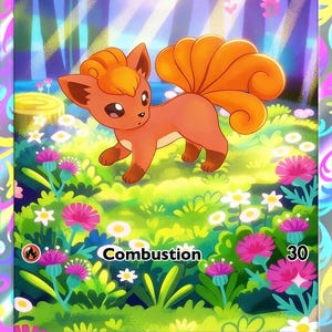 May include: A Vulpix trading card featuring an orange fox-like creature with six curled tails standing in a vibrant meadow of green grass and colourful pink and white flowers. The card displays the name Vulpix, 80 HP, and the attack Combustion.