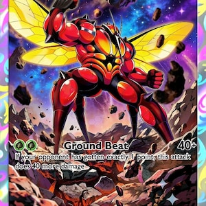 Può includere: Una carta collezionabile di Buzzwole che raffigura la creatura insettoide rossa e gialla con grandi ali e arti muscolosi su un terreno roccioso davanti a uno sfondo cosmico. La carta mostra 130 HP, l'attacco Ground Beat e del testo.