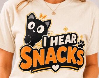 Ich höre Snacks Katze T-Shirt, lustiges Kätzchen Meme T-Shirt, Katzenliebhaber Geschenk, Baumwoll Grafik-Shirt, Geschenk für Katzenmutter