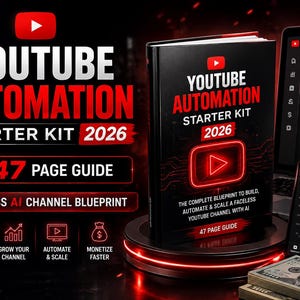May include: A promotional image for a YouTube automation starter kit. The image features a book, a laptop displaying channel analytics, a smartphone, and a stack of cash. The book cover reads "YOUTUBE AUTOMATION STARTER KIT 2026" with a red YouTube logo.