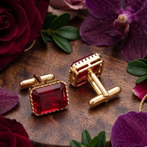 May include: A pair of gold-toned cufflinks featuring rectangular, deep red faceted stones. Each cufflink has a polished gold metal frame with a scalloped edge and a standard swivel-post toggle mechanism on the back for securing through shirt cuffs.