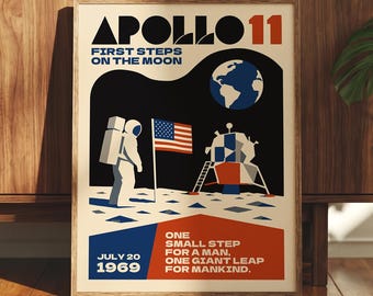 Apollo 11 Poster, Moon Landing Wall Art, Retro Space Exploration Print
