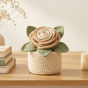 Mönster för virkade blomkrukor, handledning för spiralrosblommor (PDF-nedladdning)
