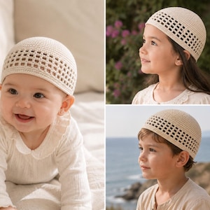 May include: A collection of three images showcasing cream-colored crocheted skullcaps. The caps feature a grid-like pattern and are worn by a baby, a young girl, and a young boy. The children are wearing light-colored clothing.