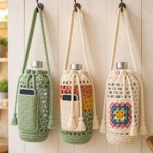Crochet Water Bottle Holder Pattern, Phone Pocket Festival Mesh Bag, Crossbody Drawstring Pouch, Beginner PDF