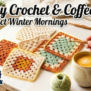 Peut inclure: Plusieurs carrés de crochet granny dans des tons crème, orange et vert sauge sont disposés sur une table. Une tasse en céramique remplie de café, une pelote de laine verte et un crochet en bois sont présents. Le texte indique Cozy Crochet & Coffee.