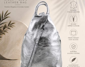Vera Pelle Real Italian Mettalic  leather rucksack backpack college university Travel bag