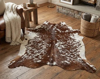 Genuine Goat Skin Rug Brown & White, Natural Goatskin Hide, Hair-On Leather Rug, Rustic Farmhouse Western Home Decor