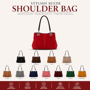 May include: A collection of suede shoulder bags featuring a central red bag and twelve smaller variations in black, brown, tan, beige, camel, grey, navy blue, pink, wine, green, and mustard. Each bag has two black handles and silver metal rings.