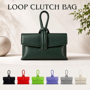May include: A dark green clutch bag with a textured surface and a prominent vertical loop handle centered on the top flap. The text LOOP CLUTCH BAG appears above the bag. A row of six smaller bags in black, red, lime green, purple, gray, and white is below.
