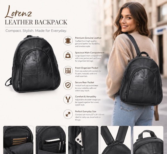 Lorenz Italian Leather Backpack, Women's Genuine Leather Rucksack, Travel Bag