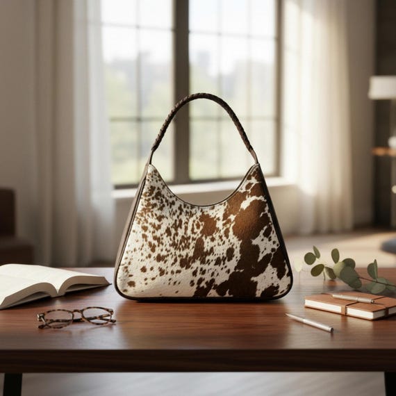 Genuine Hair-On Cowhide Hobo Bag, Braided Leather Strap, Western Boho Shoulder Handbag