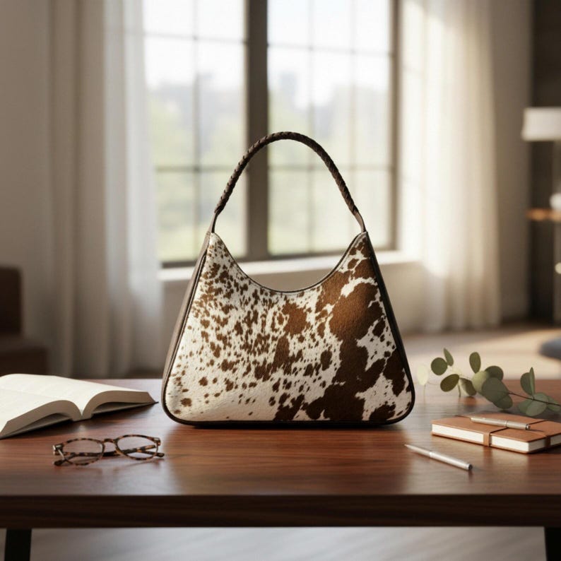 Genuine Hair-On Cowhide Hobo Bag, Braided Leather Strap, Western Boho Shoulder Handbag image 1