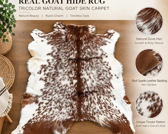 Real Goat Hide Rug Tricolor Natural Goat Skin Carpet 36x29 Inch, Genuine Leather Area Rug, Rustic Western Home Decor 36 x 29 Inch