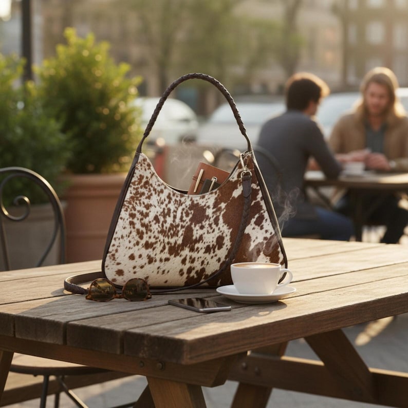 May include: A hobo-style handbag featuring a brown and white cowhide pattern with a braided leather handle. The bag is placed on a wooden surface alongside a pair of dark-rimmed sunglasses, a smartphone, and a white ceramic cup of coffee on a saucer.