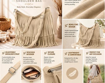 Italian Suede Fringe Shoulder Bag, Boho Tassel Leather Handbag, Women's Zipper Tote