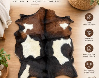 Natural Hair-on Goat Hide Rug, Genuine Leather Skin Carpet, Rustic Home Decor, Goat hide Style Rug 35 × 24 Inch