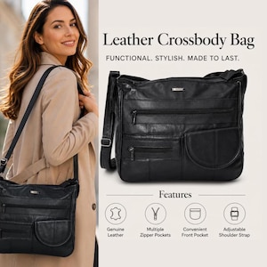 Genuine Leather Organizer Crossbody Bag, Multi Pocket Satchel, Adjustable Strap