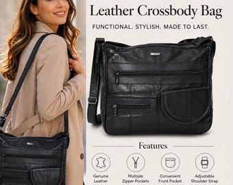 Genuine Leather Organizer Crossbody Bag, Multi Pocket Satchel, Adjustable Strap