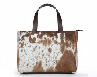 Real cow hide leather Handmade Shoulder Handbag Cow hair on leather Western style work Tote Bag
