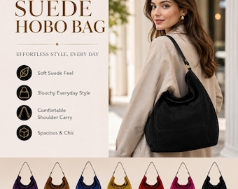 Suede Bucket Shoulder Bag Women, Real Leather Slouchy Tote Bag, Soft Suede Hobo Handbag, Large Shoulder Ladies Bag