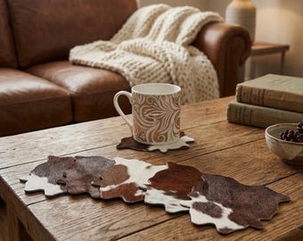 Real Cowhide Leather Coasters – Natural Hair-On Drink Mat (Pack of 6)