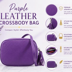 May include: A purple leather crossbody bag with a textured surface, a matching shoulder strap, and a decorative tassel attached to the side. The image includes text stating Purple Leather Crossbody Bag and highlights features like a zipper closure.