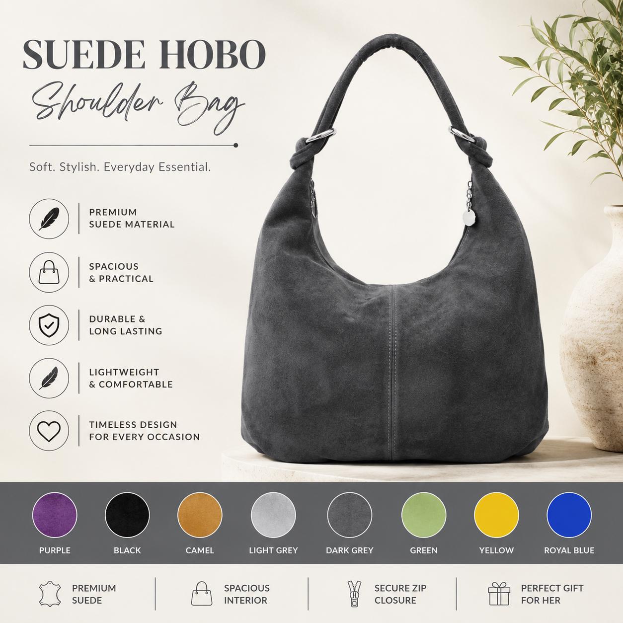 Italian Suede Leather Hobo Shoulder Bag, Oversized Slouchy Tote, Everyday Handbag