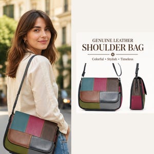 May include: A multi-coloured leather shoulder bag featuring a patchwork design with panels in teal, magenta, brown, olive green, and grey. The bag has a black adjustable strap and a flap closure. Text reads: GENUINE LEATHER SHOULDER BAG Colorful Stylish Timeless.