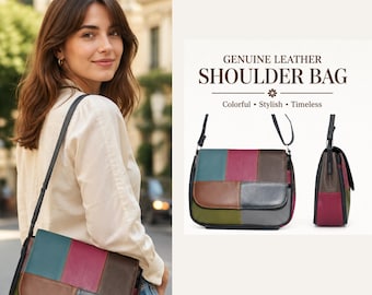 Genuine Leather Color Block Shoulder Tote Bag, Multi-Colored Patchwork Purse