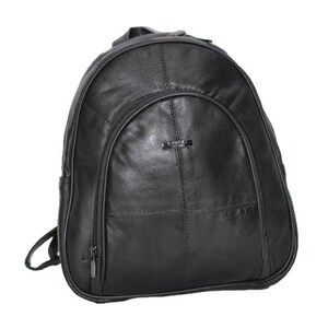May include: A black leather backpack featuring a rounded top, a large front zippered pocket with a curved seam, and a small rectangular silver-toned metal logo plate centered above the front pocket. The bag has visible stitching and zippers.
