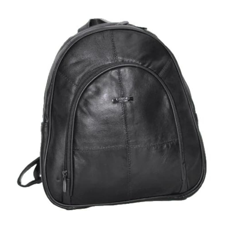 May include: A black leather backpack featuring a rounded top, a large front zippered pocket with a curved seam, and a small rectangular silver-toned metal logo plate centered above the front pocket. The bag has visible stitching and zippers.