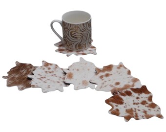 Real Cowhide Leather Coasters, Western Vintage Style Drink Mat (Pack of 6)