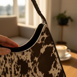 May include: A shoulder bag featuring a brown and white cow print pattern with a textured surface. The bag has a black interior lining and a single braided strap attached to the top. The design includes dark brown piping along the edges.