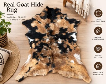 Goat Hide Rug Natural Hair-On Leather Brown Black Rustic Home Decor, Genuine Goatskin Area Rug, Farmhouse Western Boho Rug 31x21