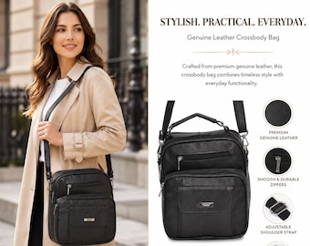 Genuine Leather Crossbody Bag, Black, Adjustable Strap, Everyday Travel