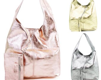 Women's Real Italian Metallic Leather Shopper Bag Ladies Top Handle Large Tote Handbag