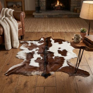 May include: A cowhide rug featuring a natural pattern of irregular brown, white, and black patches. The rug has a textured, hair-on-hide surface with an organic, asymmetrical shape that lies flat on a wooden floor surface.