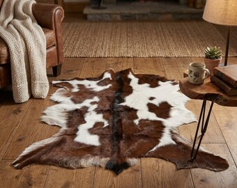 Genuine Brown & White Goat Skin Rug, Natural Goatskin Hide, Hair on Hide Rug, Rustic Farmhouse Decor, Cabin Home Decor 32x24