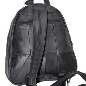 May include: A black leather backpack featuring a vertical zippered compartment on the back panel, a top carry handle, and adjustable shoulder straps. The exterior is constructed from multiple stitched leather panels with a smooth finish.