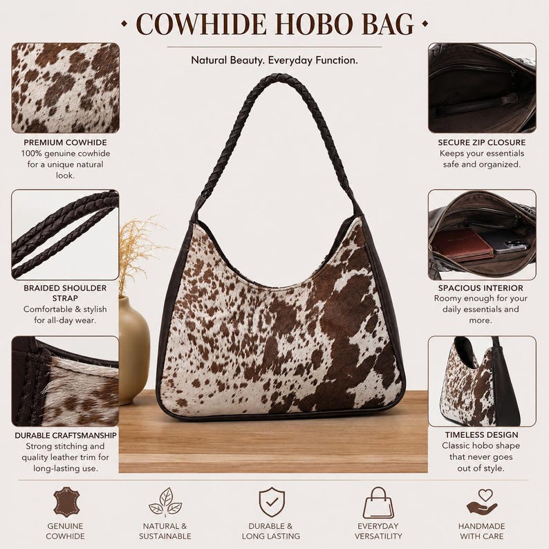 Genuine Hair-On Cowhide Hobo Bag, Braided Leather Strap, Western Boho Shoulder Handbag image 2